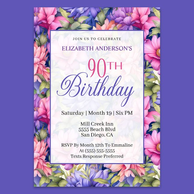 Pretty Pink Purple Garden Flowers 90th Birthday  Invitation (Creator Uploaded)