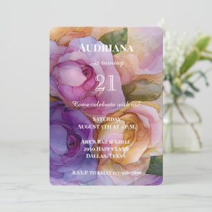 Pretty Pink Purple Gold Floral Birthday Invitation