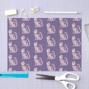 Pretty Pink Purple Hearts Floral Cat Birthday Tissue Paper