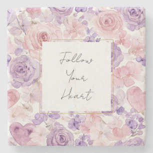 Pretty Pink Purple Hearts Floral Stone Coaster