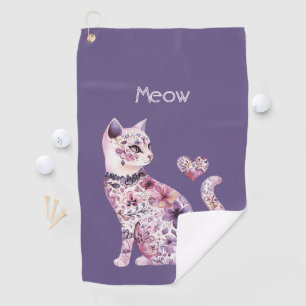 Pretty Pink Purple Hearts Roses Floral Cat Golf Towel