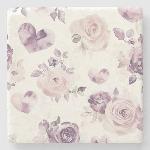 Pretty Pink Purple Hearts Roses Floral Stone Coaster