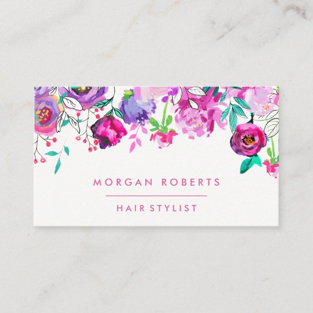 Pretty Pink Purple Mint Floral Watercolor Business Card (Front)