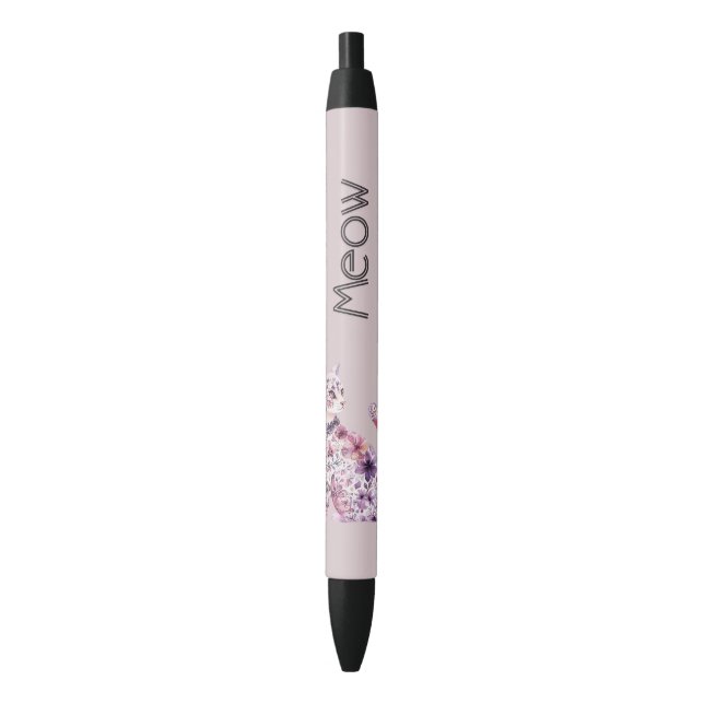 Pretty Pink Purple Roses Floral Cat Black Ink Pen (Front Vertical)