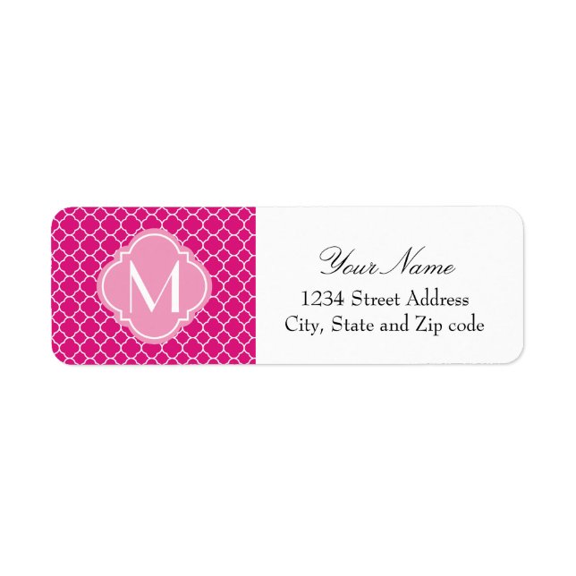 Pretty Pink Quatrefoil Pattern with Monogram Return Address Label (Front)