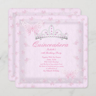 Pretty Pink Quinceanera Party Tiara Butterflies 2 Invitation