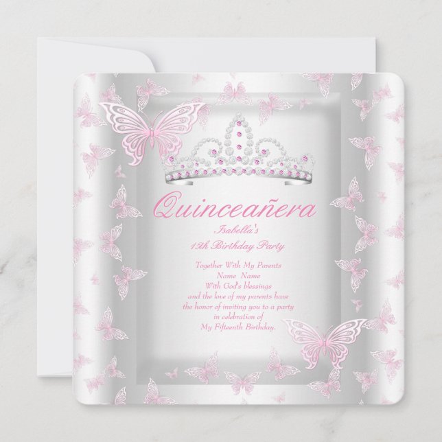 Pretty Pink Quinceanera Party Tiara Butterfly Invitation (Front)