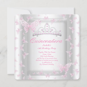 Pretty Pink Quinceanera Party Tiara Butterfly Invitation