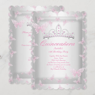Pretty Pink Quinceanera Party Tiara Butterfly Invitation