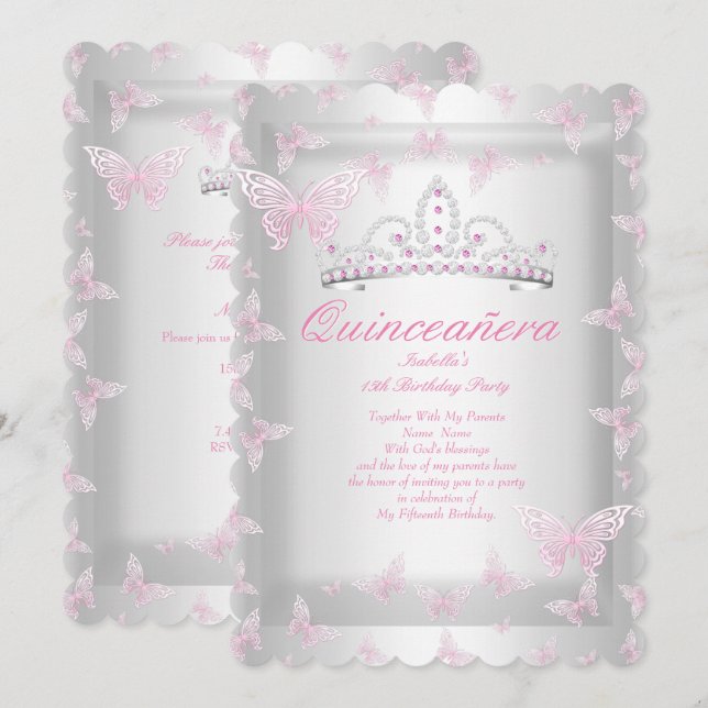 Pretty Pink Quinceanera Party Tiara Butterfly Invitation (Front/Back)