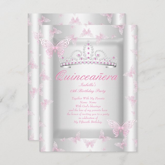 Pretty Pink Quinceanera Party Tiara Butterfly Invitation (Front/Back)
