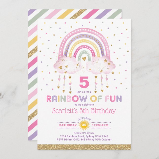 Pretty Pink Rainbow Clouds Girls Birthday Party Invitation (Front/Back)