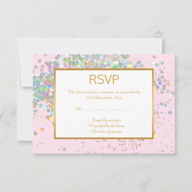 PRETTY PINK RAINBOW HOLOGRAPHIC SPOT RSVP CARD (Front)