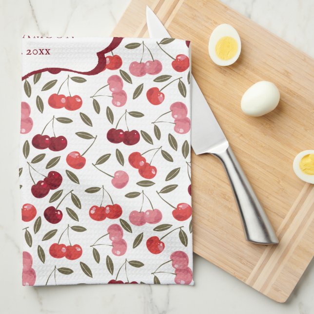 Pretty Pink & Red Cherry Pattern | Monogram Tea Tea Towel (Quarter Fold)