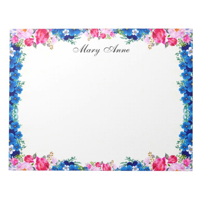 Pretty Pink Red Roses Blue Flowers Personalized Notepad (Front)