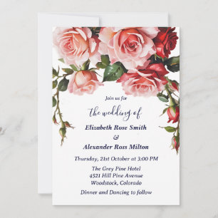 Pretty pink red roses on white wedding invitation