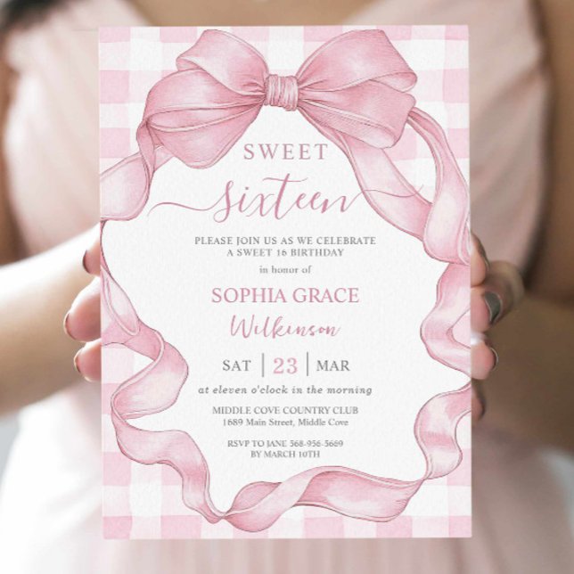 Pretty Pink Ribbon Bows Sweet Sixteen 16 Birthday Invitation (Creator Uploaded)