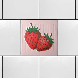 Pretty Pink Risograph 2 Strawberries & Stripes Ceramic Tile