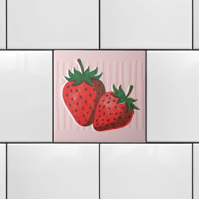 Pretty Pink Risograph 2 Strawberries & Stripes  Ceramic Tile (Creator Uploaded)