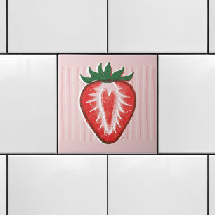 Pretty Pink Risograph Half Strawberry & Stripes Ceramic Tile