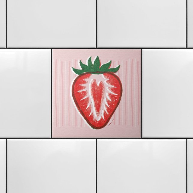 Pretty Pink Risograph Half Strawberry & Stripes  Ceramic Tile (Creator Uploaded)