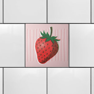 Pretty Pink Risograph Strawberry & Stripes Ceramic Tile