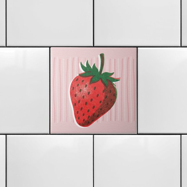 Pretty Pink Risograph Strawberry & Stripes  Ceramic Tile (Creator Uploaded)