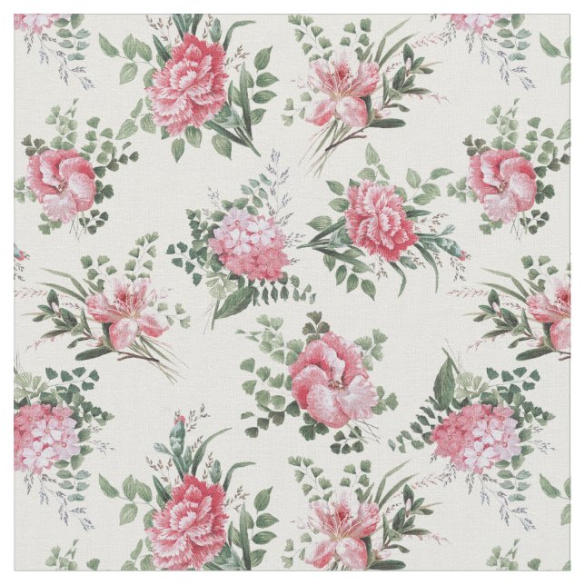 Pretty Pink Romantic Flowers and Ferns Fabric (Close Up)