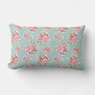 Pretty Pink Rose and Blue Polka Dot Vintage Lumbar Cushion