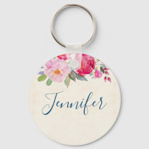 Pretty Pink Rose and Peony Border Key Ring