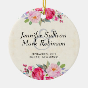 Pretty Pink Rose and Peony Border Wedding Ceramic Ornament