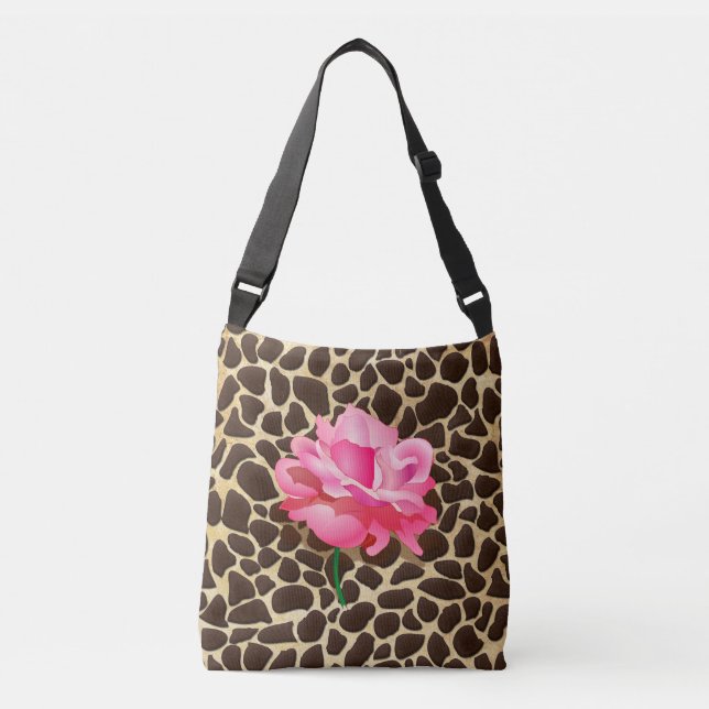Pretty Pink Rose Brown & Gold Animal Print Crossbody Bag (Front)