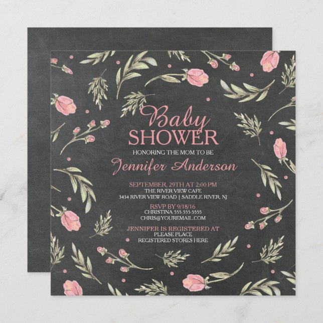 Pretty Pink Rose Chalkboard Girls Baby Shower Invitation (Front/Back)
