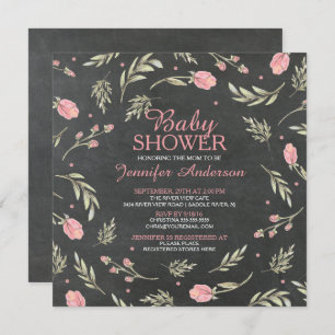 Pretty Pink Rose Chalkboard Girls Baby Shower Invitation