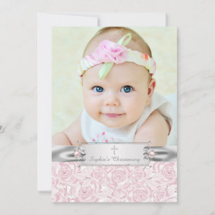 Pretty Pink Rose Christening Invitation