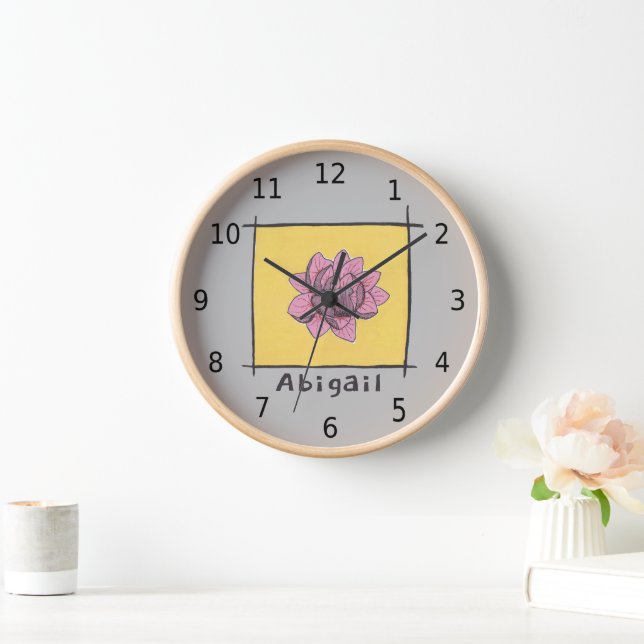 Pretty pink rose doodle, your name, on grey clock (Home)