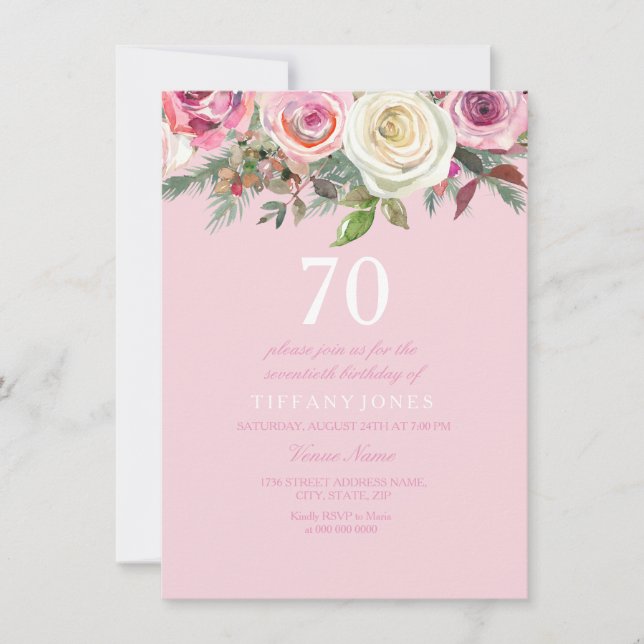 Pretty Pink Rose Floral 70th Birthday Invite (Front)
