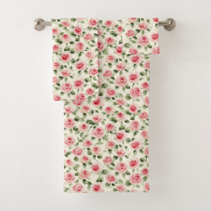 Pretty Pink Rose Floral Bath Towel Set