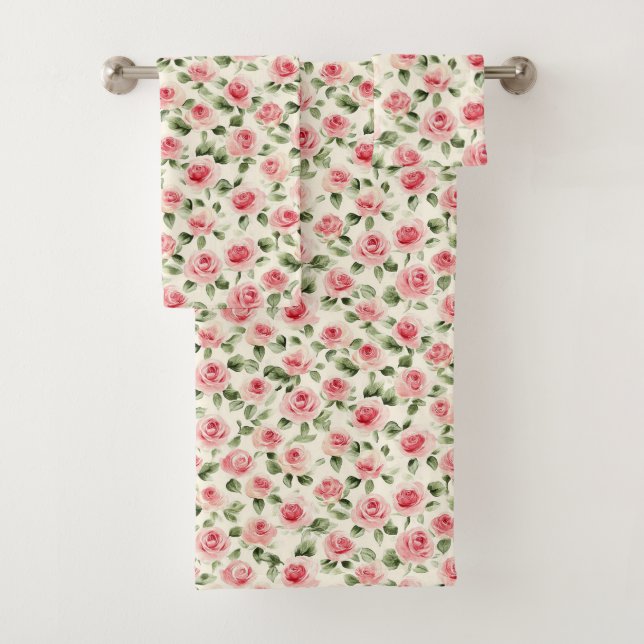 Pretty Pink Rose Floral Bath Towel Set (Insitu)