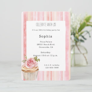 Pretty Pink Rose Floral Cupcake Birthday Invitation
