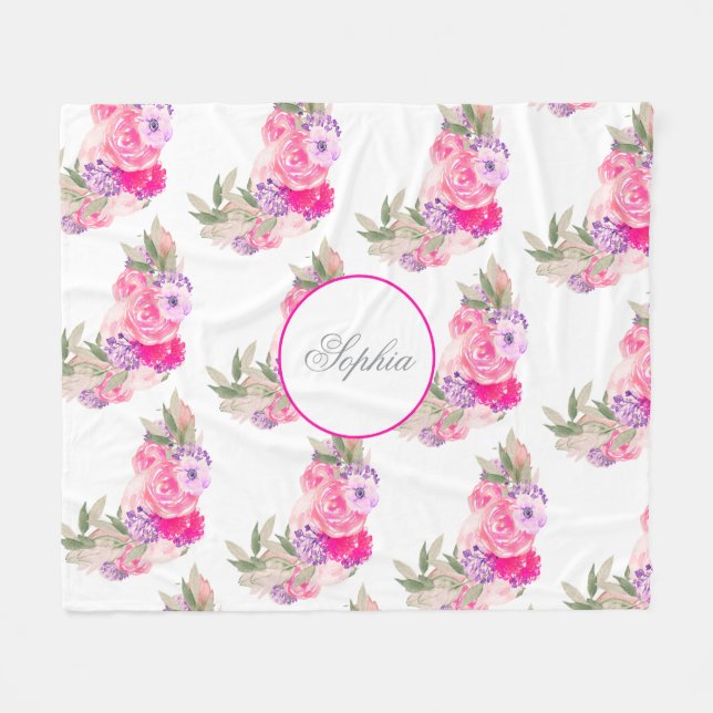 Pretty Pink Rose Floral Fleece Blanket (Front (Horizontal))