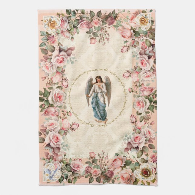 Pretty Pink Rose Floral Guardian Angel Tea Towel (Vertical)