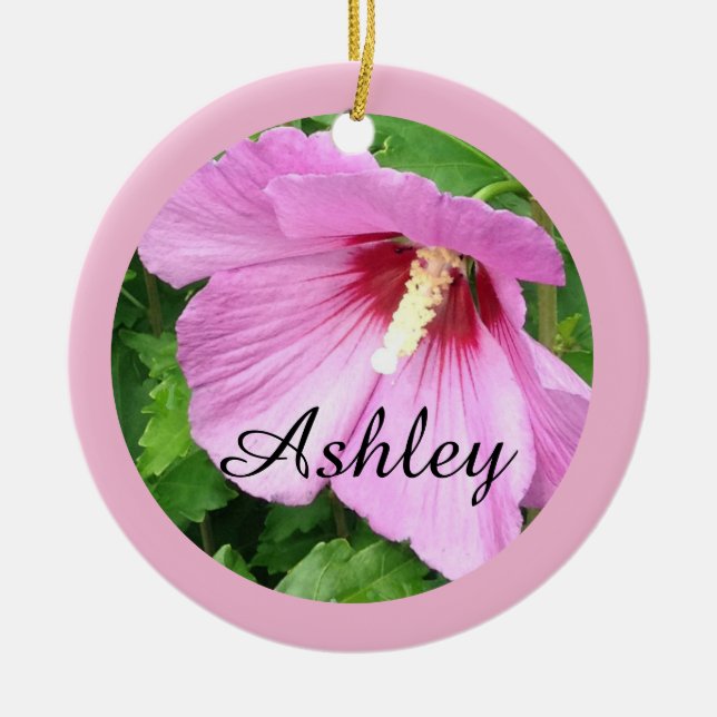 Pretty Pink Rose of Sharon Photo Personalised Ceramic Ornament (Front)
