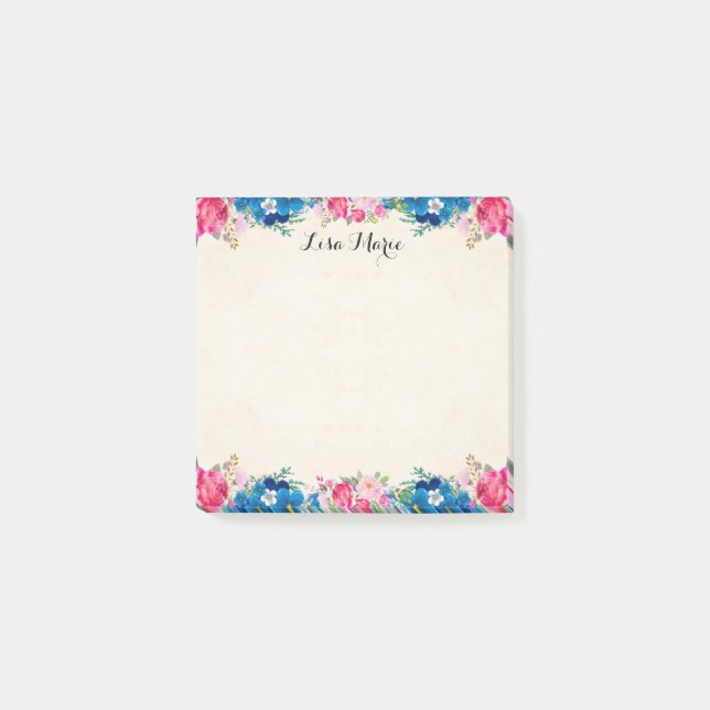 Pretty Pink Roses And Blue Flowers Personalised Post-it Notes (Front)