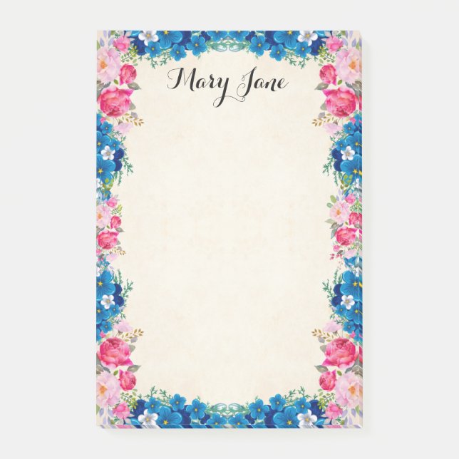 Pretty Pink Roses And Blue Flowers Personalised Post-it Notes (Front)