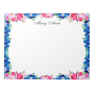 Pretty Pink Roses And Blue Flowers Personalized Notepad