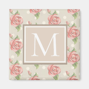 Pretty Pink Roses and Dots Monogram Magnet