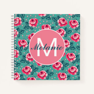 Pretty Pink Roses and Dots on Teal Personalised Notebook