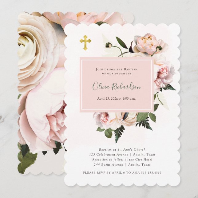 Pretty Pink Roses and Ferns with Gold | Baptism Invitation (Front/Back)