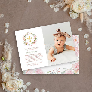 Pretty Pink Roses and Gold Cross Photo Baptism Invitation